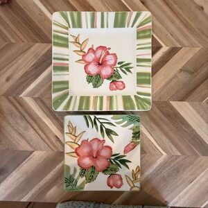 Clay Art Hibiscus Stripe Square Plates Set Hand Painted Pink Green Tropical 2pc